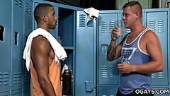 Intense interracial gay pounding with monster cock in locker room.