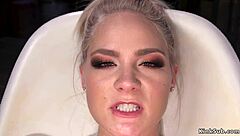 Blonde spreads legs to fuck machine