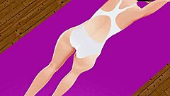 Leo demonstrates exercise as an anime girl performs stretch yoga poses