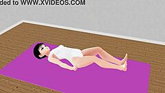 Leo demonstrates exercise as an anime girl performs stretch yoga poses