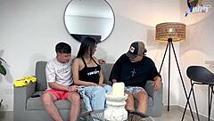Ambar Prada Delivers Deepthroat to Two Cocks Until They Cum in Her Mouth