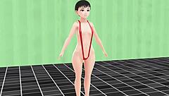 Leo Anime Girl Swims In Small Micro Bikini With Nip Slip