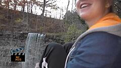 blonde outdoor waterfall blowjob almost caught with choking