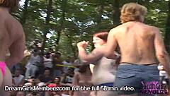 wives flashing and competing in wet t-shirts at the beach nudist event