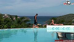 Skinny blonde teen with small tits gets anal fucked in the pool 😏💦.