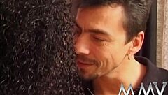 Young beauty with dark hair gets a facial after a hot blowjob and hardcore sex with two cocks