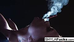 sexy blonde pornstar shyla stylezs shows big tits and ass in smoking fetish