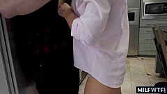 Mature cougar cleans huge cock in kitchen after blowjob