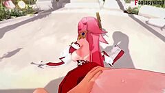 yae miko gets fucked hard in genshin impact with intense ahegao and pink hair flying