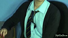 office chick is jizzed in the eye in group bj