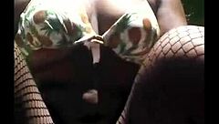 Masked ebony whore masturbates outdoor with her fat pussy, horny and ready for fucking in couple scene