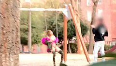 blonde european amateur strips in public street