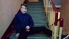 Young 18+ muscular guy jerks off on stairs after school publicly