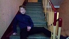 Young 18+ muscular guy jerks off on stairs after school publicly