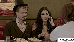 Watch wicked couple fuck hard as asian waitress licks!