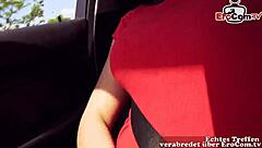 German brunette feels excited in outdoor amateur casting.