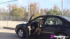 Petite Andi Pink exposes pussy in parking lot