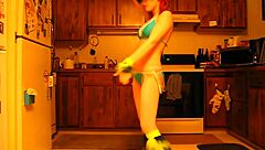 Red-hot go-go dancer in red clothing performs solo dance routine