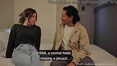 curvy girl teases about small cocks in interracial roleplay on bed