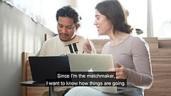 curvy girl teases about small cocks in interracial roleplay on bed