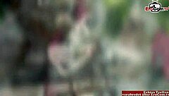 Busty blonde slut seduced by the pool for outdoor sex with monster cock