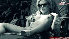 Busty blonde slut seduced by the pool for outdoor sex with monster cock