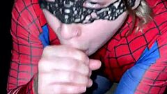 Blonde spider woman in cosplay eagerly takes big black cock interracial