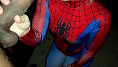 Blonde spider woman in cosplay eagerly takes big black cock interracial