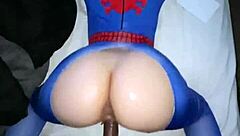 Blonde spider woman in cosplay eagerly takes big black cock interracial
