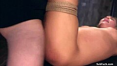 Bound blonde takes deep throat banging