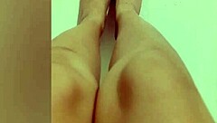 Oh wow, shy hottie with red pedicure shows sexy legs and gives footjob orgasm!