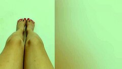 Oh wow, shy hottie with red pedicure shows sexy legs and gives footjob orgasm!