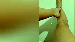 Oh wow, shy hottie with red pedicure shows sexy legs and gives footjob orgasm!