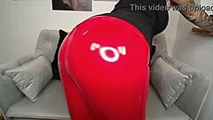 european german teen undresses in red leather leggings for sexy striptease