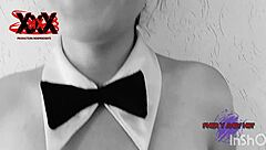 Andy dressed as Playboy bunny gives a big cock blowjob