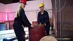 Horny Blonde Girls Fucking Together With A Handsome Worker!