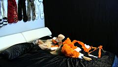 Fox lady in beige pantyhose costume