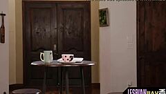 brunette lesbian couple having oral threeway at office with cute redhead babe