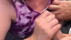 Outdoor blowjob with big tits and cum shot