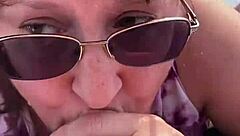 Outdoor blowjob with big tits and cum shot