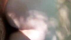 Cumshot on the tongue in a hot outdoor scene with a blonde in a ponytail