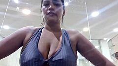 Sweaty gym session ends with a footjob and panty gift