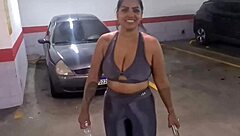 Sweaty gym session ends with a footjob and panty gift