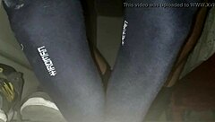 Gay fetish video with blue sweaty socks and barefeet with a happy ending