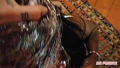 deepthroat with lots of saliva dripping on the submissive african woman's body in slow motion