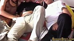 Asian twinks riding dick in blowbang with bukkake and anal