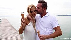 Busty lovers suck tits while riding cowgirl