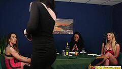 Femdom women sucking and giving handjobs to old cocks in group humiliation cfnm session.