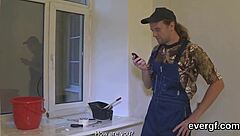 Skinny guy lets his friend fuck his ex for cash