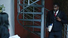 awkward boner interrupts beautiful brunette's interracial massage with big black cock